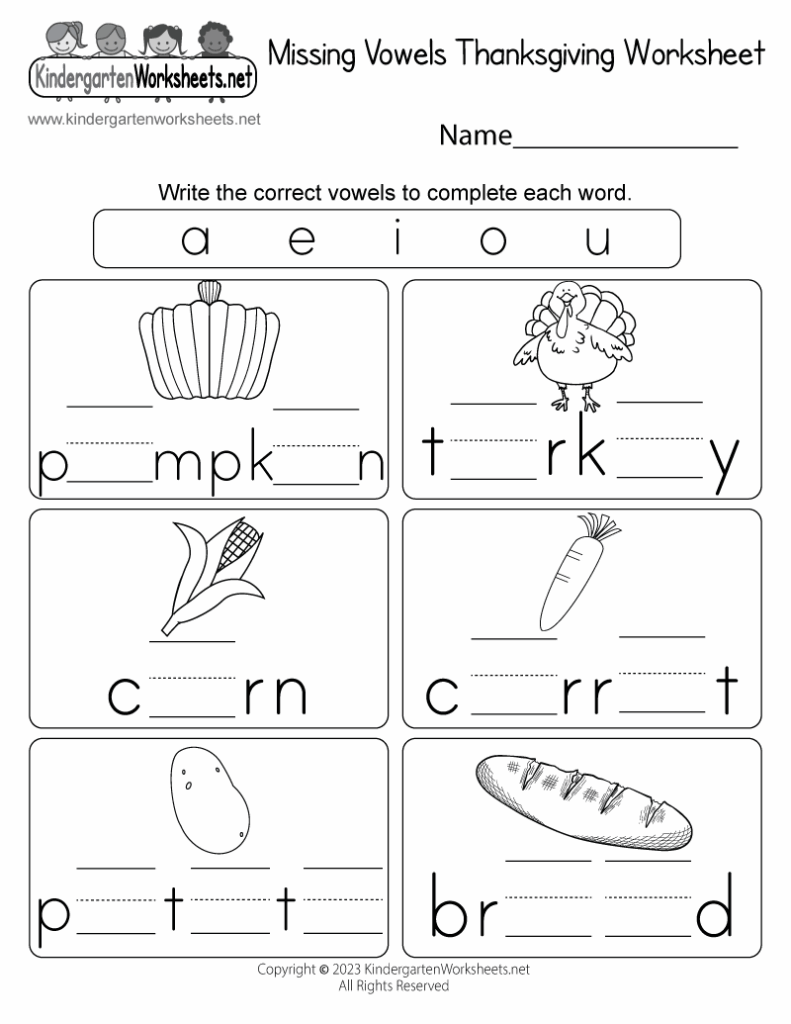 Free Printable Missing Vowels Thanksgiving Worksheet For Kindergarten