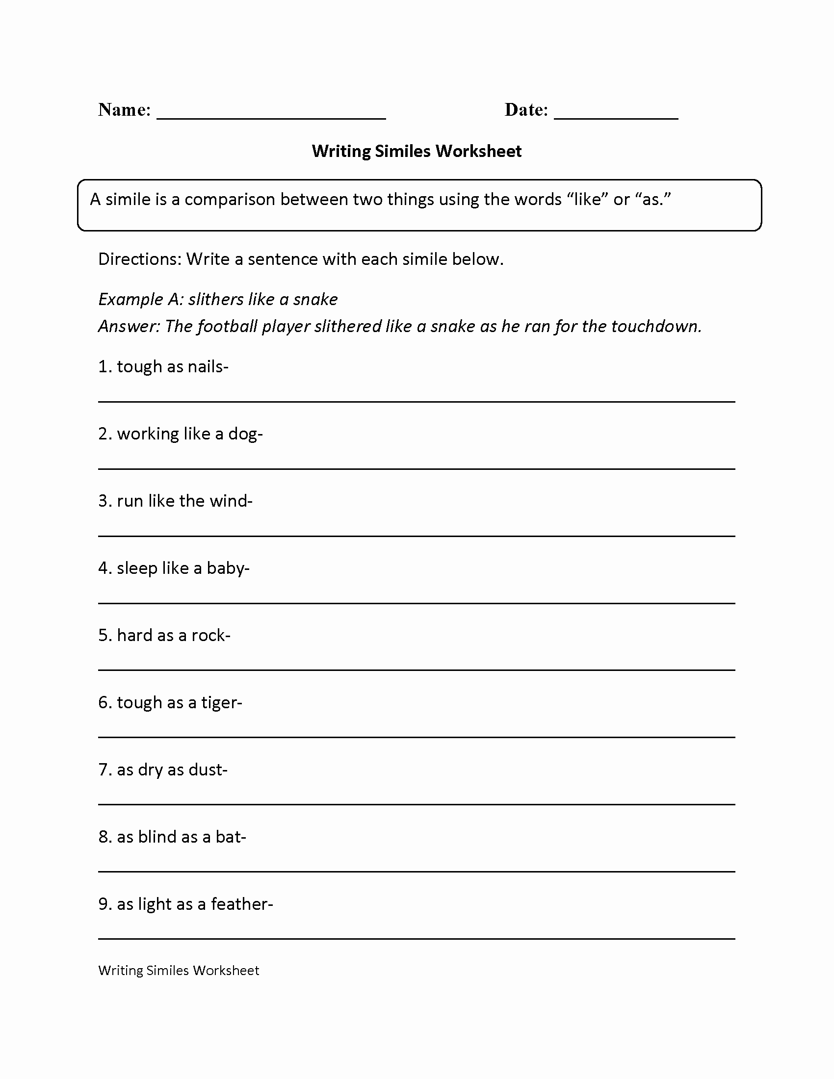 simile worksheets