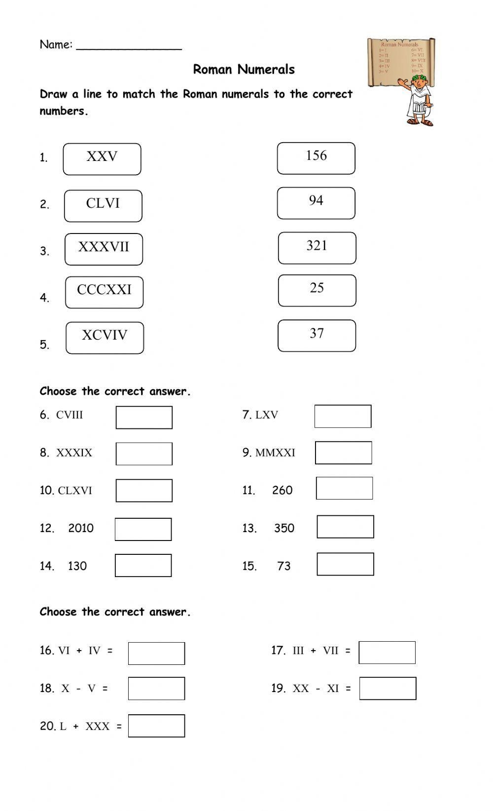 roman numerals worksheet