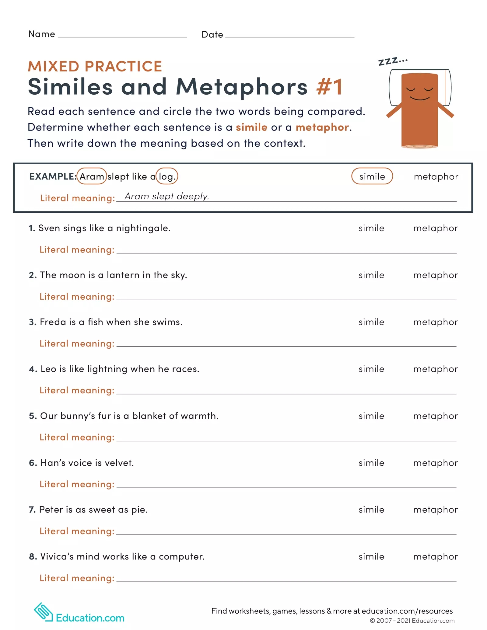 similes and metaphors worksheets