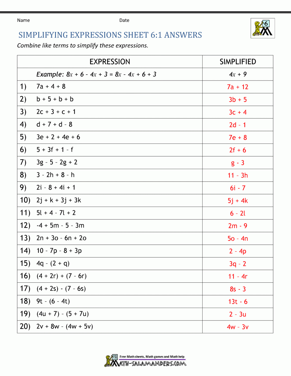 Free Simplifying Algebraic Expressions Worksheet Download Free 