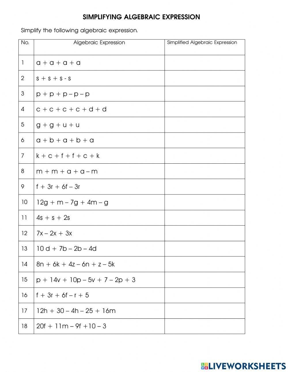 FREE Simplifying Algebraic Expressions Worksheets Beyond 