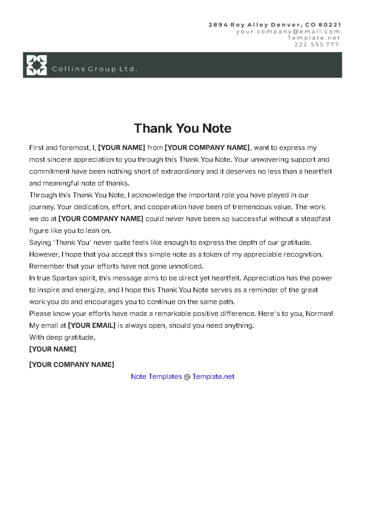 thank you note template free printable