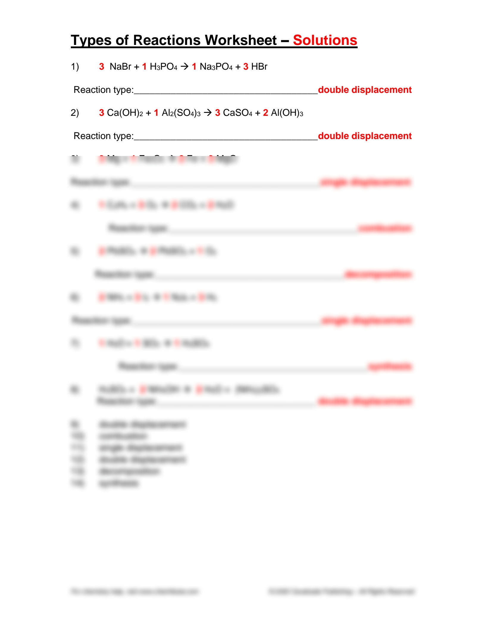 chemistry types of reactions worksheet answers