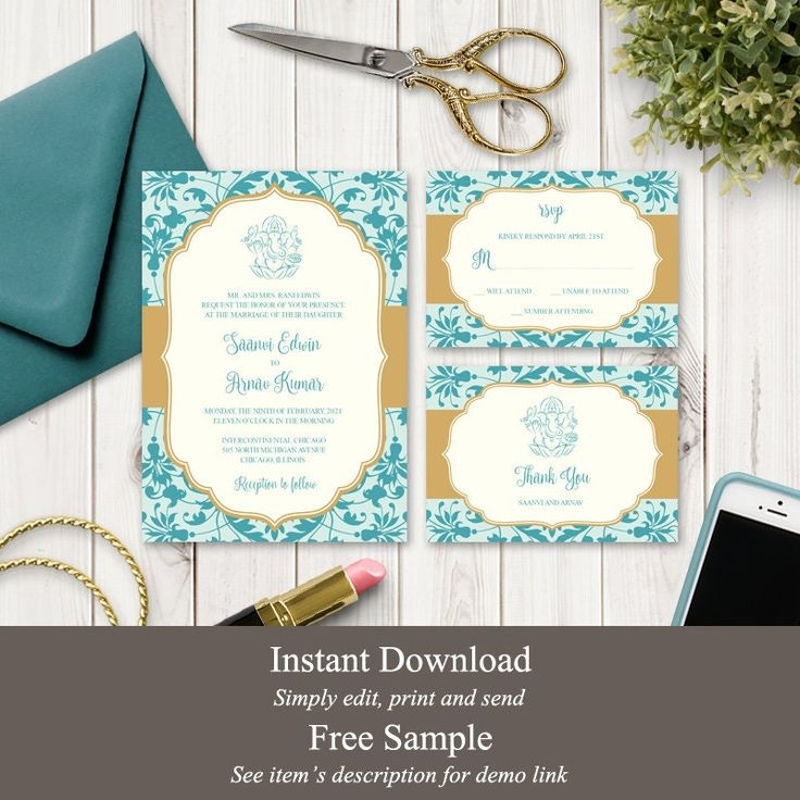 Ganesha Wedding Invitation Set Vibrant Celebration Teal Gold 