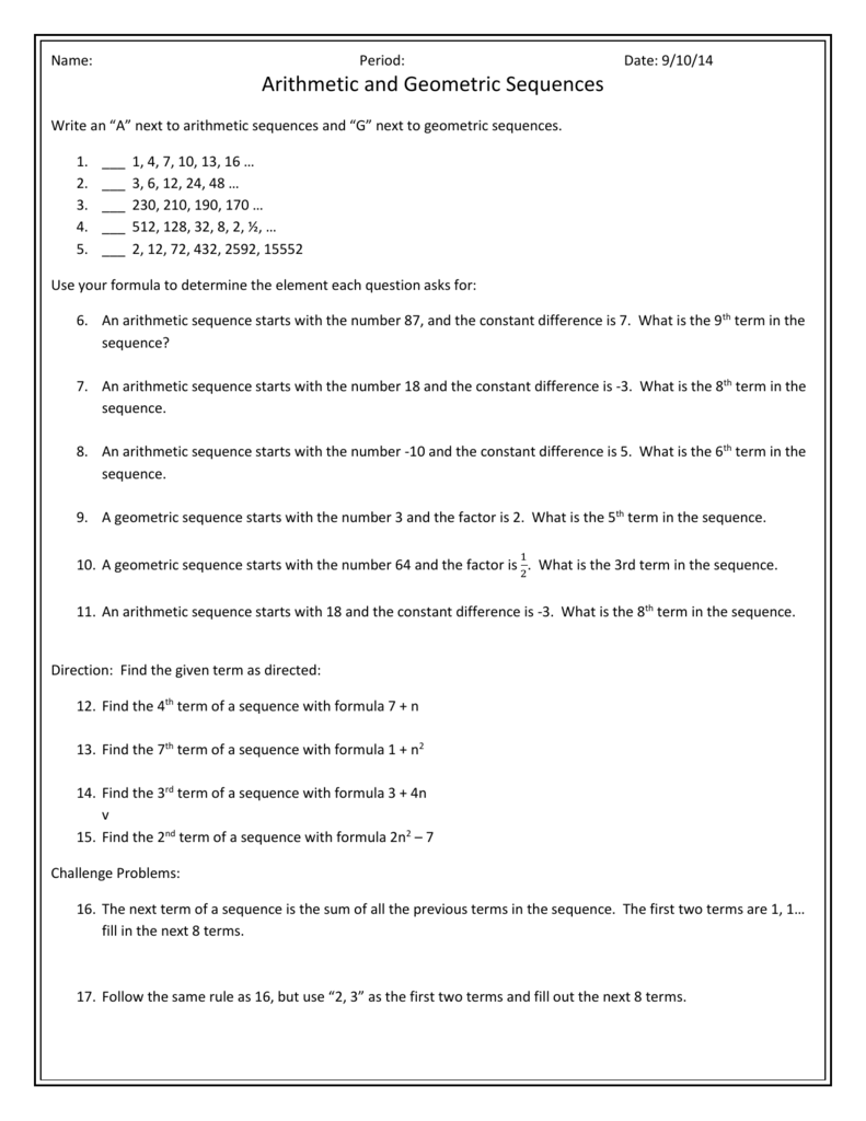 arithmetic and geometric sequences worksheet