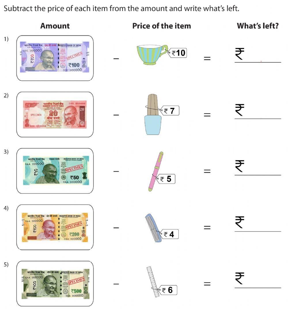 worksheet on money for class 1