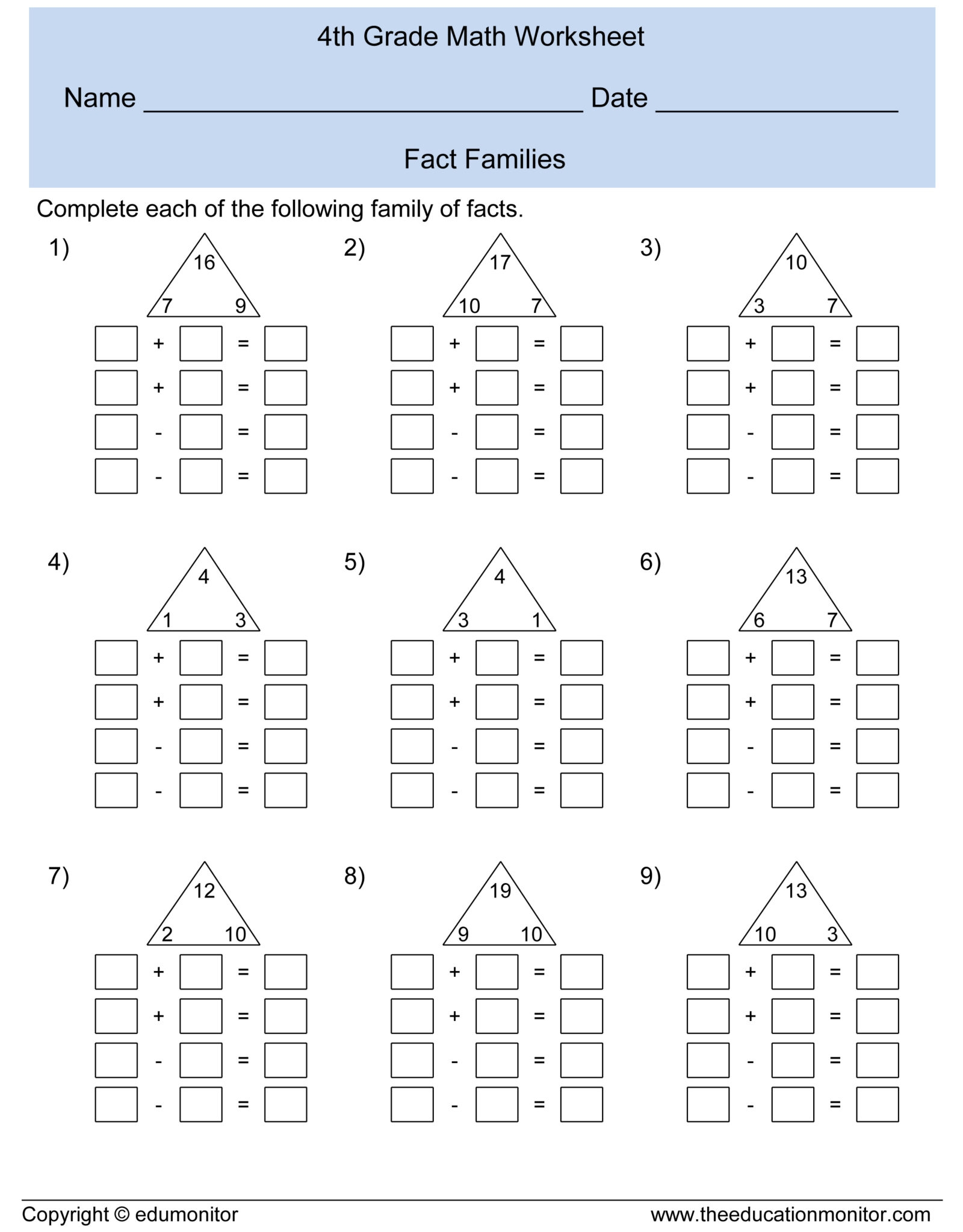 4 grade math worksheets
