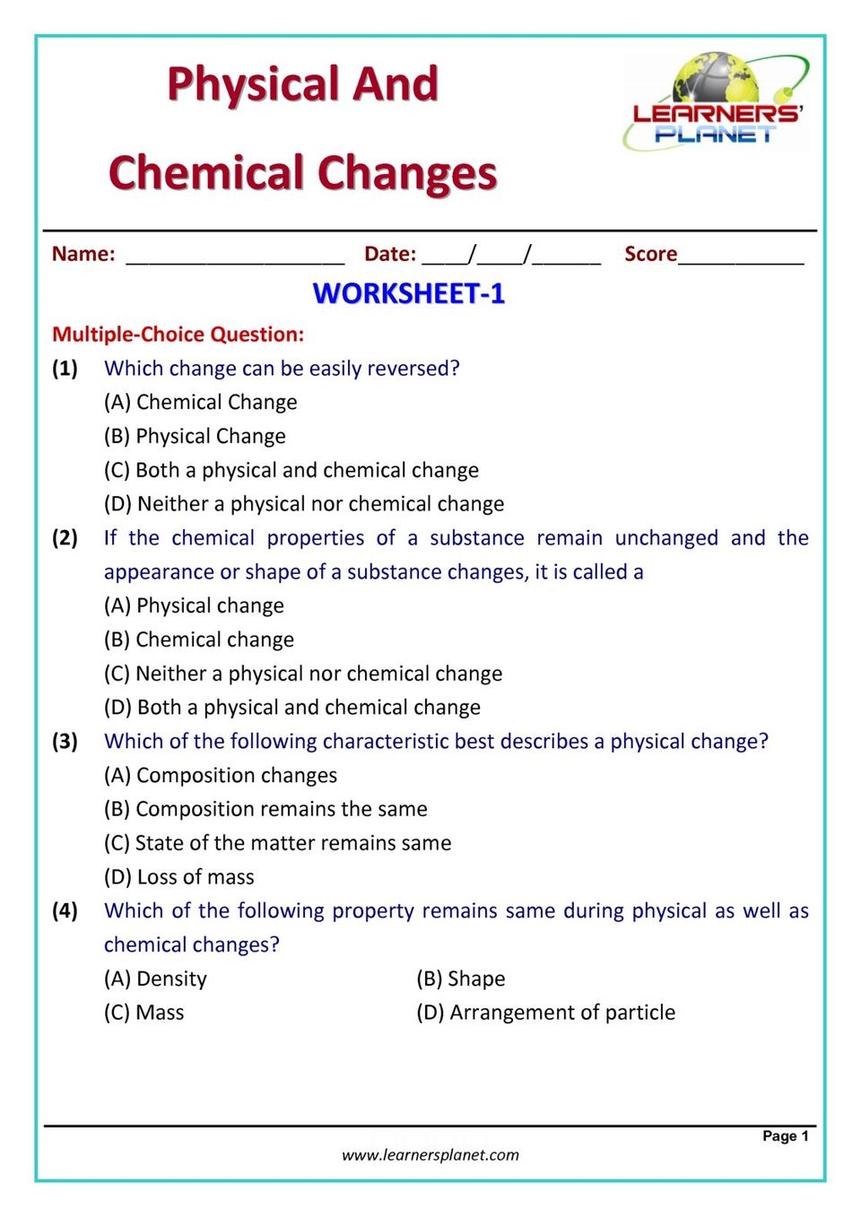 chemical and physical changes worksheet
