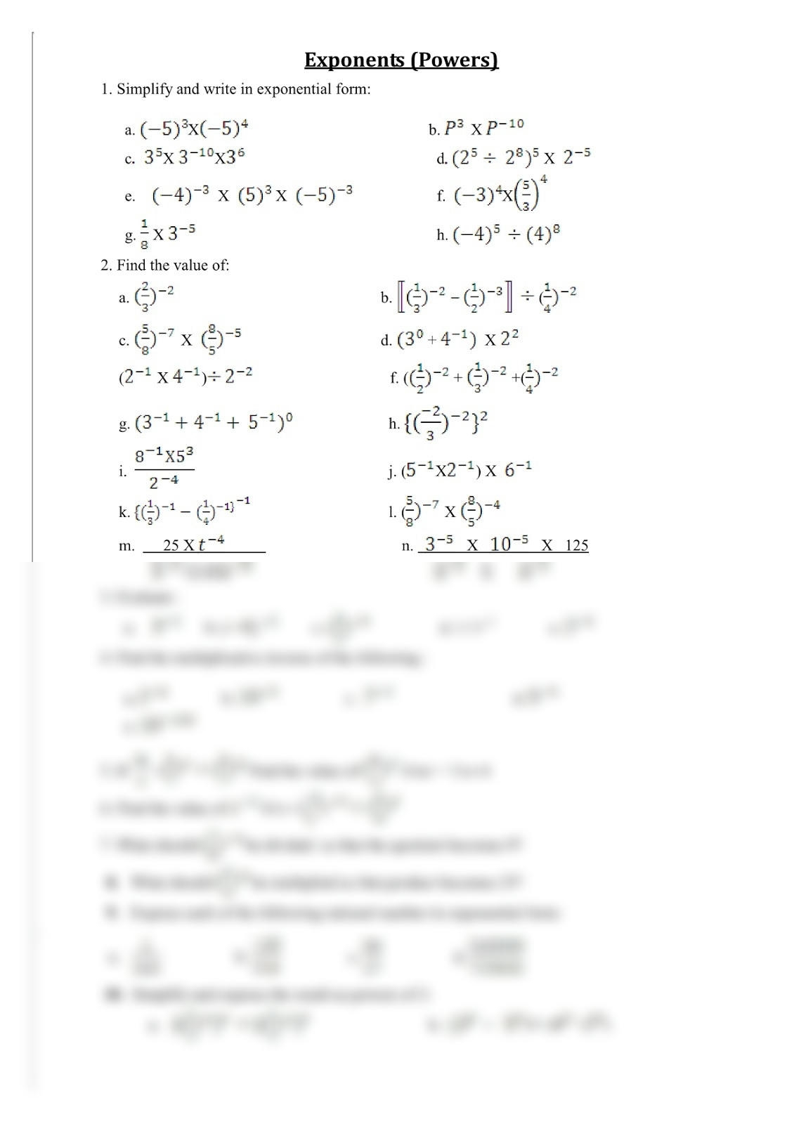 exponents worksheets grade 8 with answers pdf
