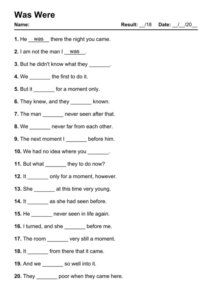 Grammar The Verb To Be Was Or Were Worksheet Worksheets Library