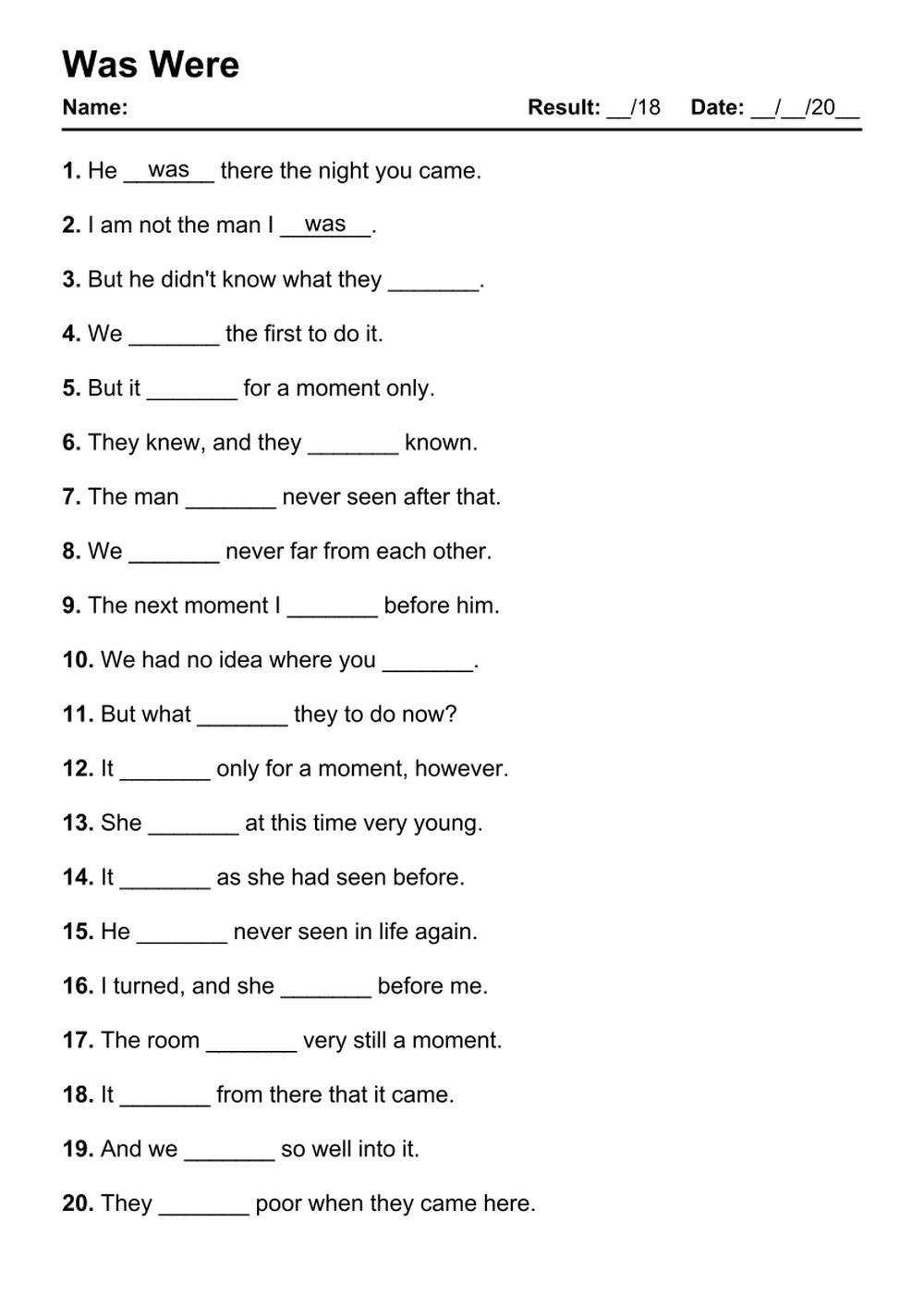 Grammar The Verb To Be Was Or Were Worksheet Worksheets Library