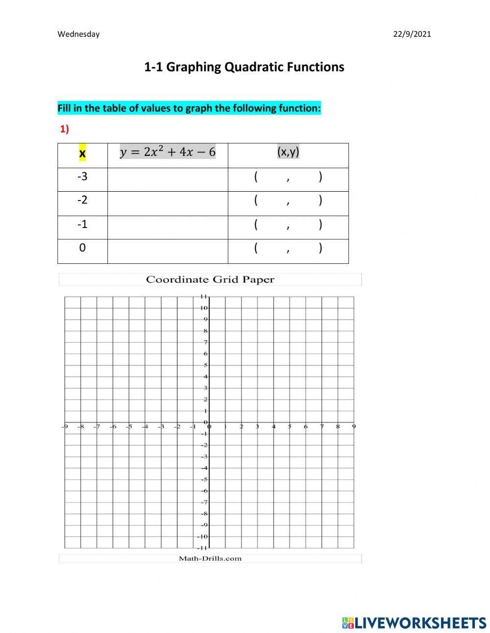 Graphing Quadratic Function Worksheet Live Worksheets Worksheets 