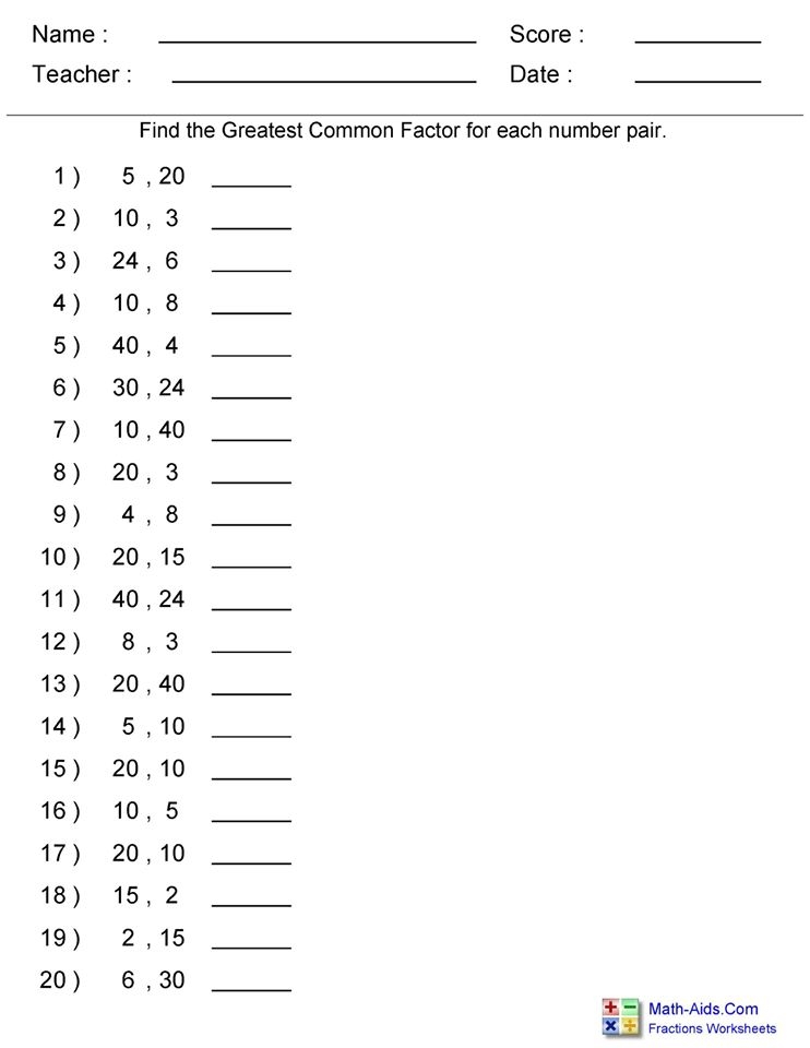 lowest common factor worksheet