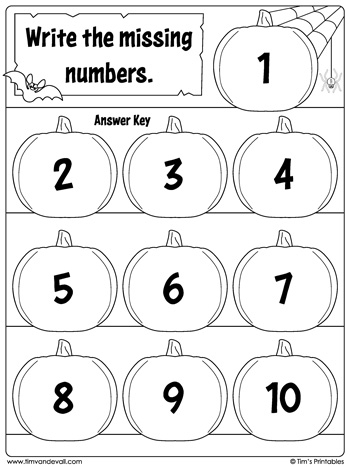 Halloween Missing Numbers Worksheet Numbers 1 To 10 Tim 39 s Printables