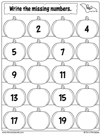 Halloween Missing Numbers Worksheet Numbers 1 To 20 Tim 39 s Printables