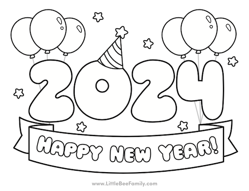 Happy New Year 2024 Coloring Page Little Bee Family