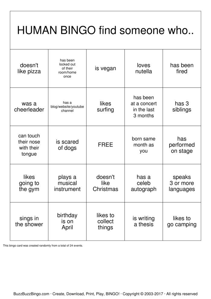 Human Bingo Cards Free Printable