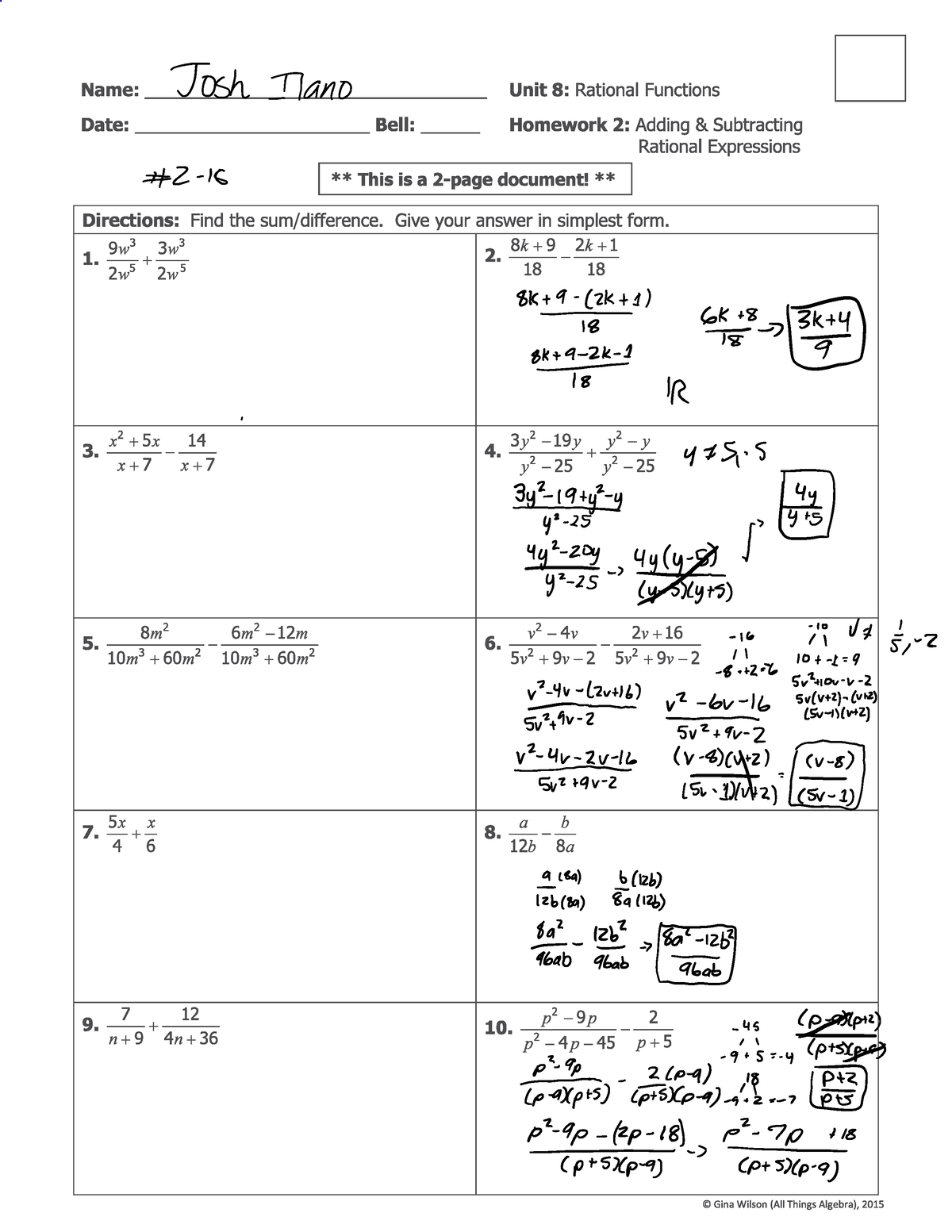 HW 2 Adding And Subtracting Rational Expressions Studocu Worksheets 