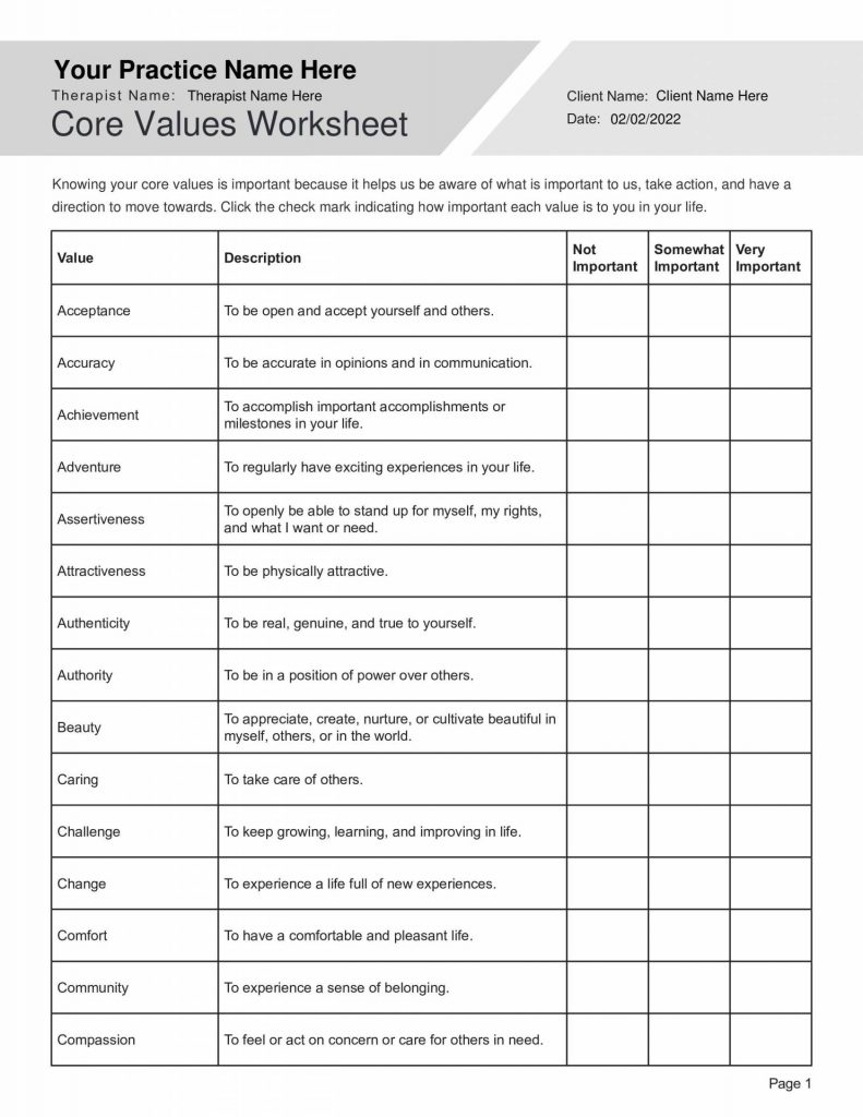Identifying Core Values Worksheet Editable Fillable Printable