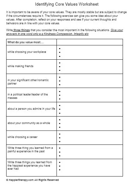printable core values worksheet
