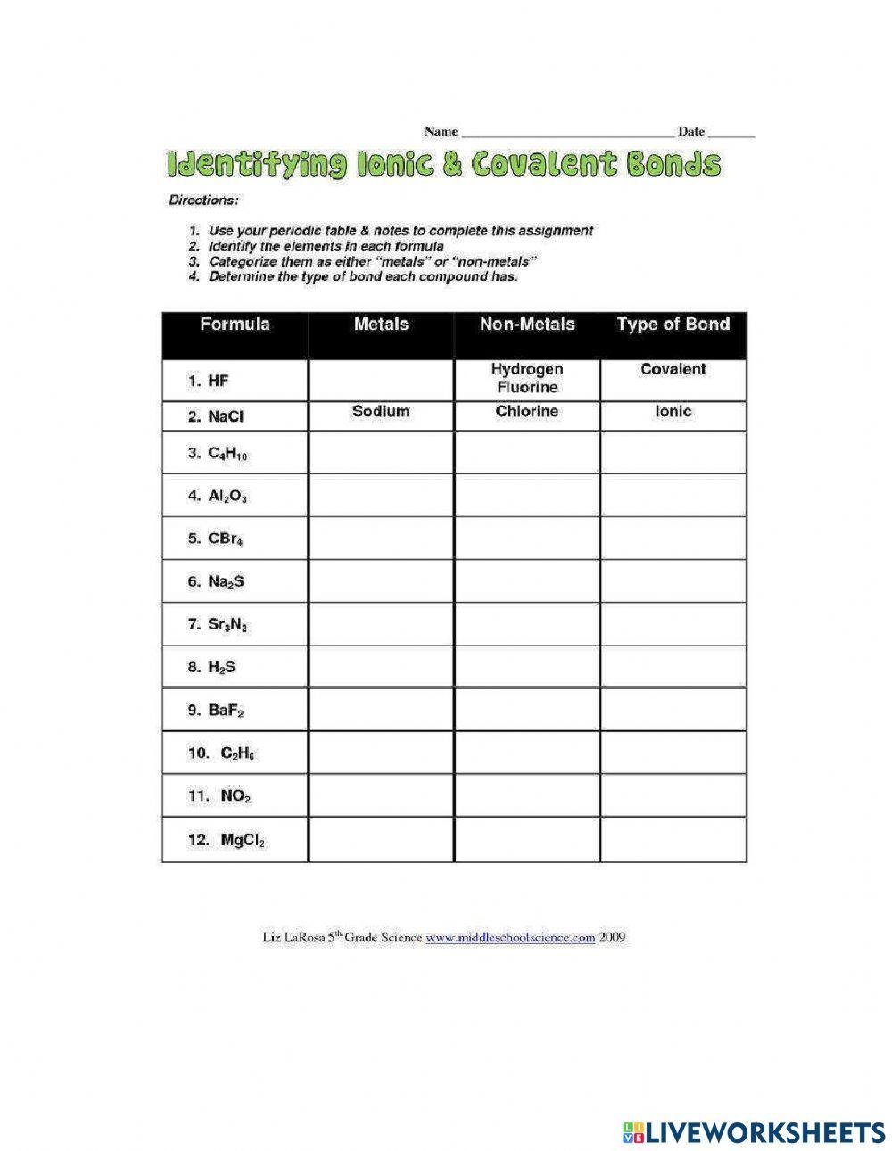 Identifyiny Ionic And Covalent Compound Worksheet Live Worksheets 