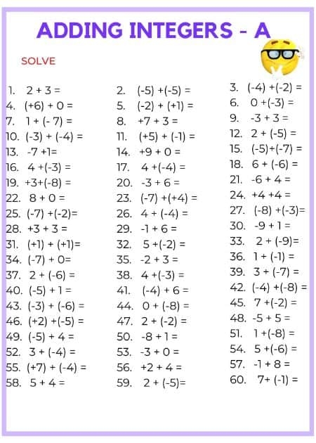 integer worksheet