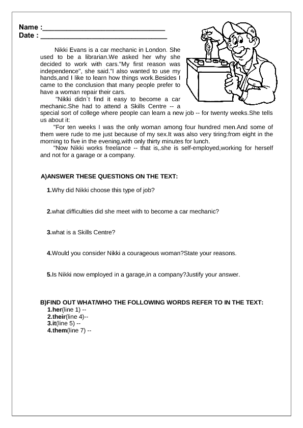 Jobs Reading Comprehension Worksheet
