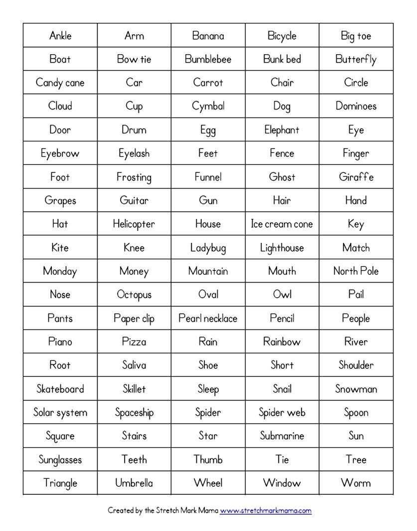 Kids Pictionary Cards Printable