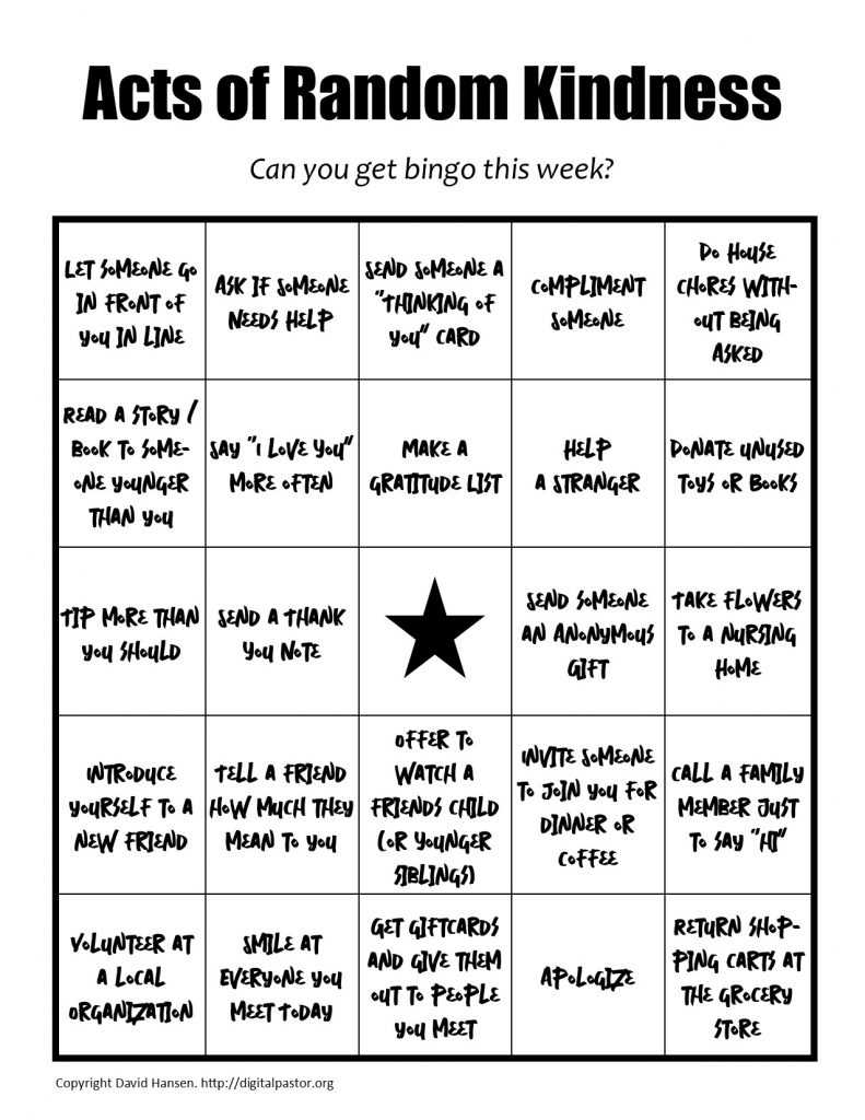 Kindness Bingo David L Hansen