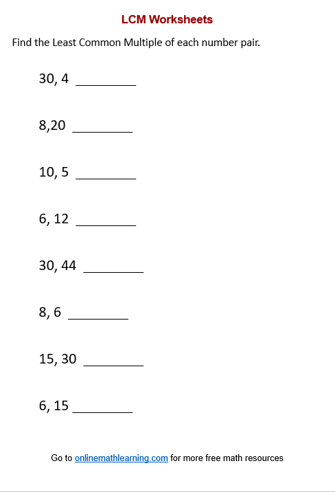 Least Common Multiple LCM Worksheets Worksheets Library