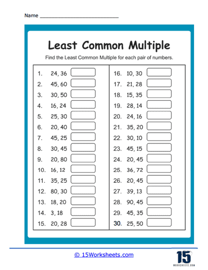 lowest common multiple worksheet