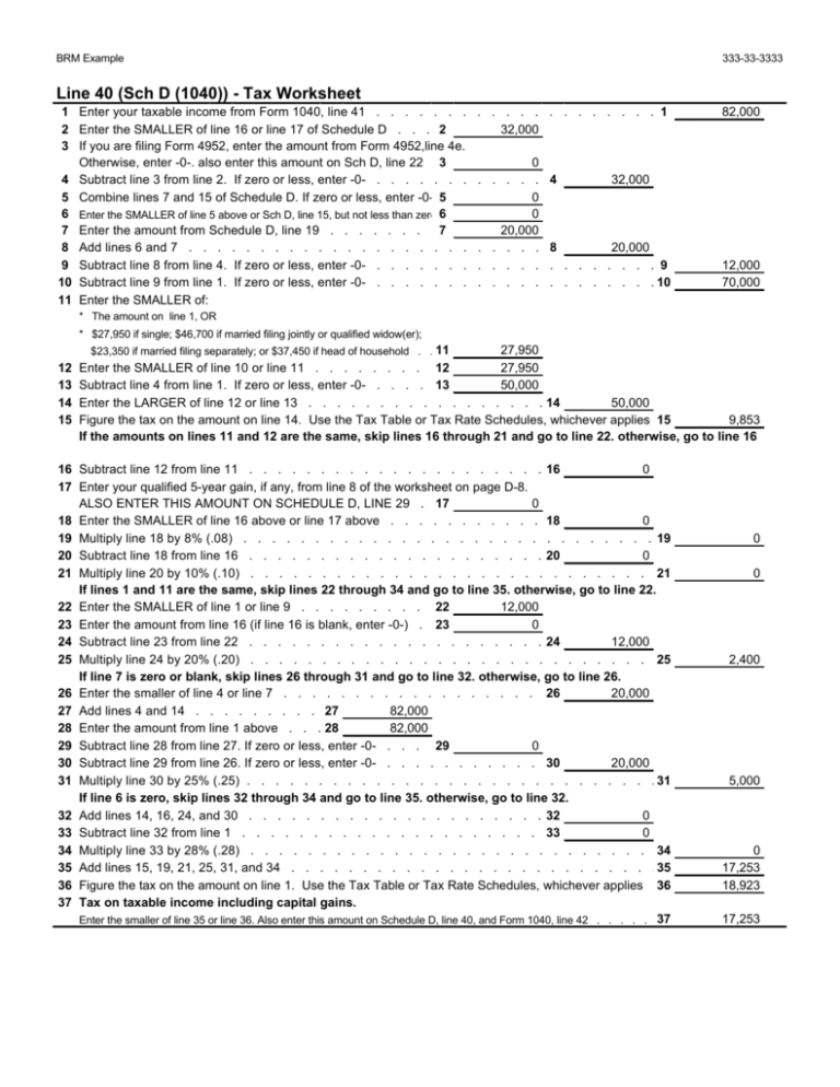 Line 40 Sch D 1040 Tax Worksheet