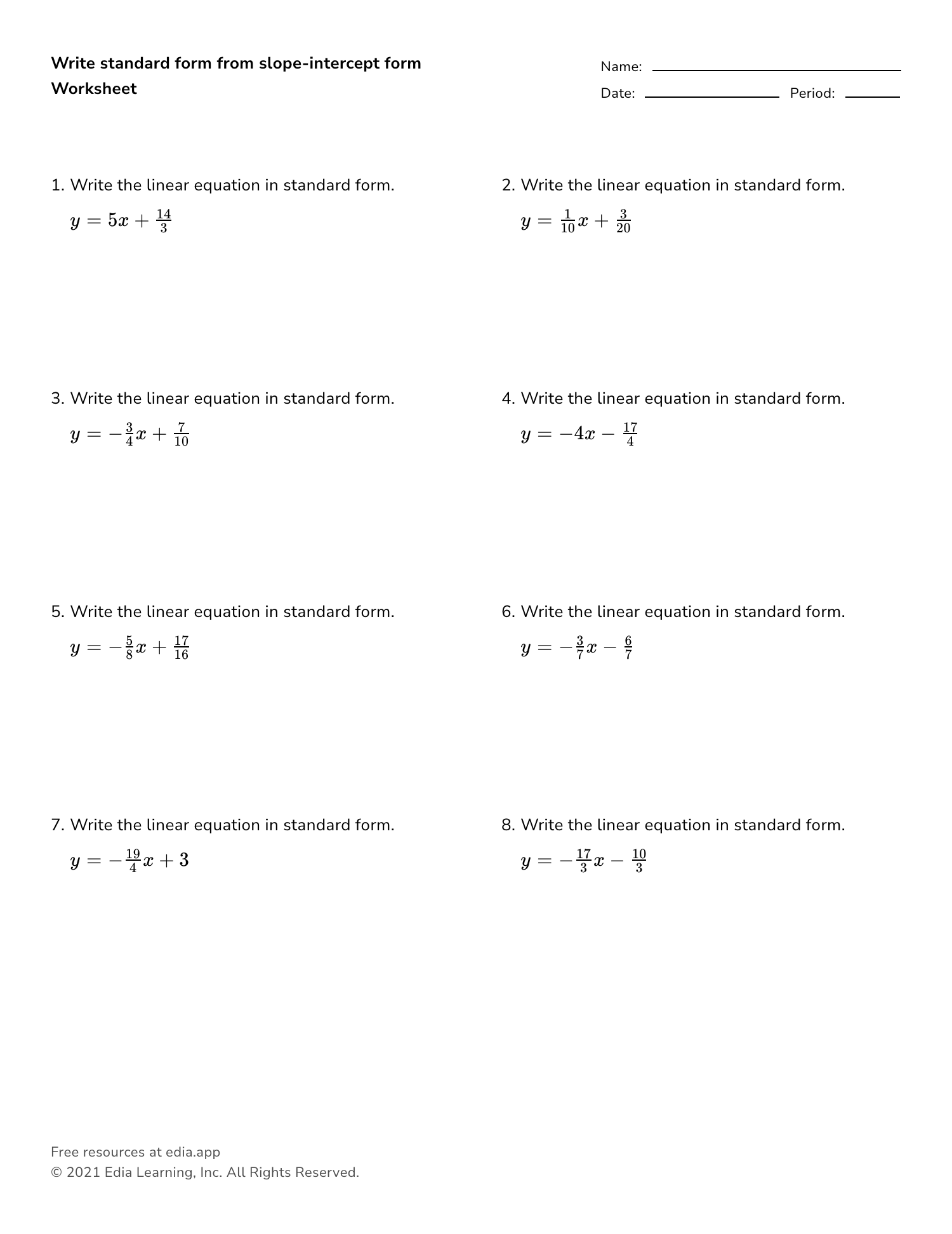 Linear Equations Slope Intercept Form Worksheet Practice Problems 