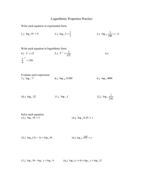 Log Properties Practice Problems pdf Teach Engineering Worksheets 