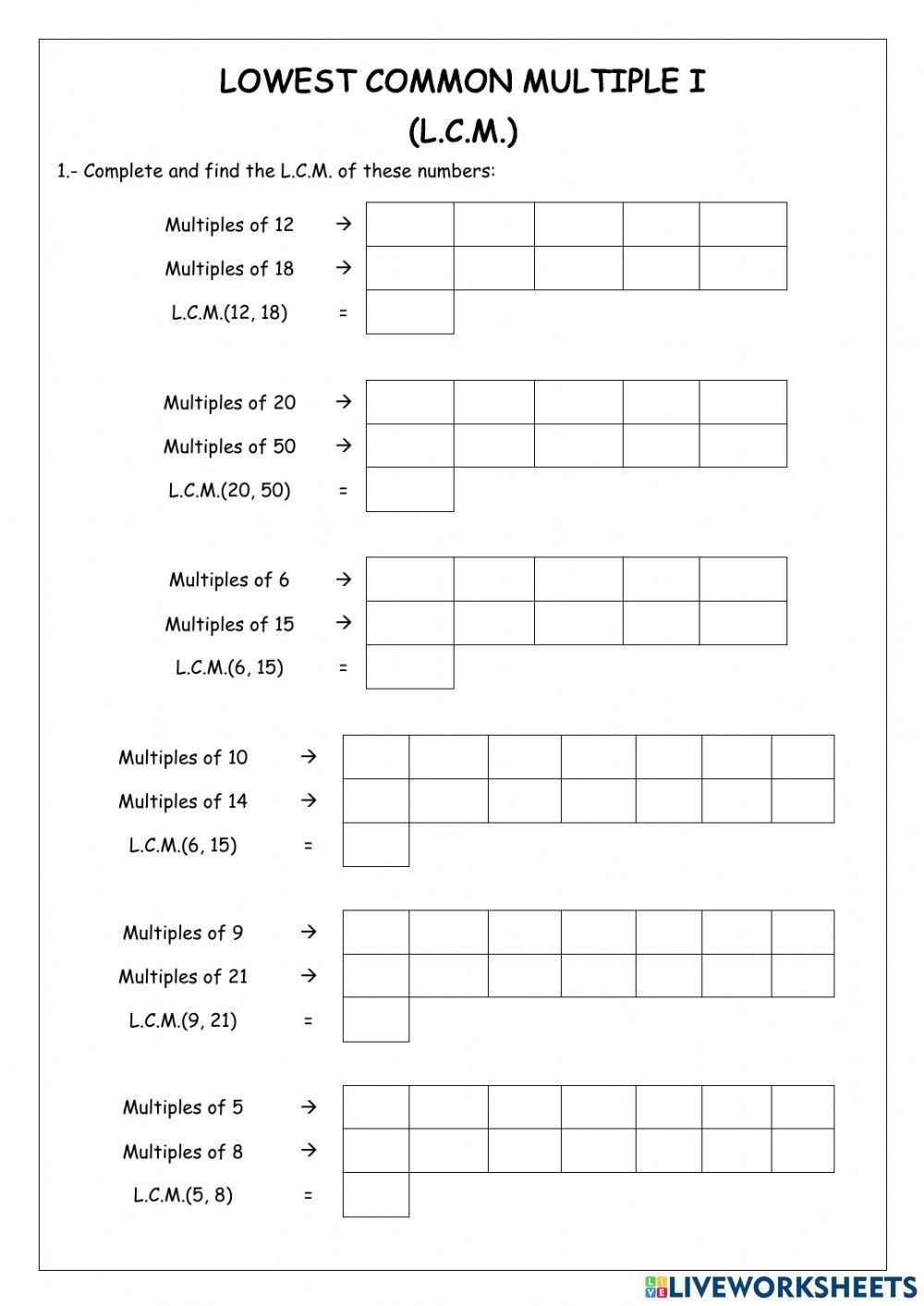 Lowest Common Multiple Worksheet Cazoom Maths Worksheets Worksheets 