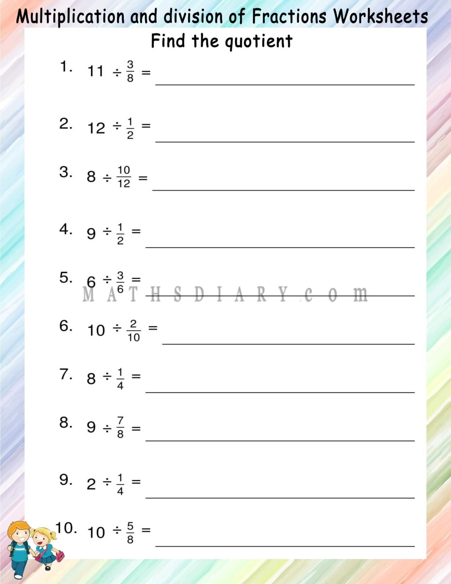 dividing fractions by whole numbers worksheet
