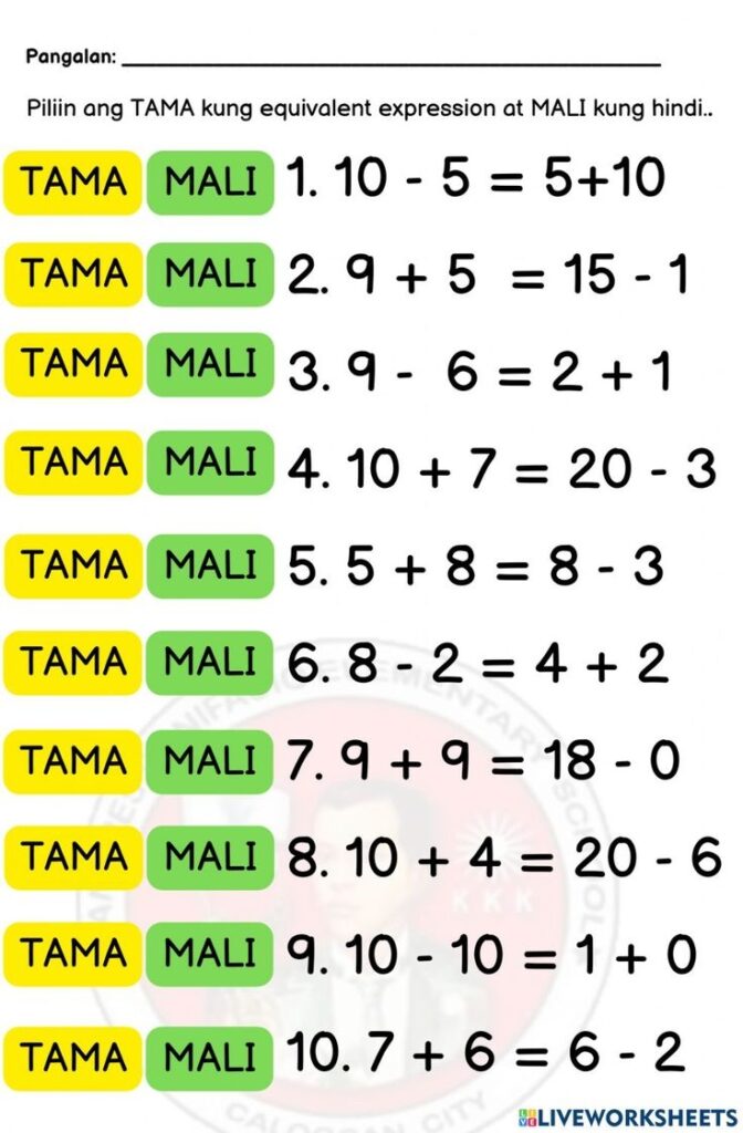 Math 1 Equivalent Expression Worksheet Algebra