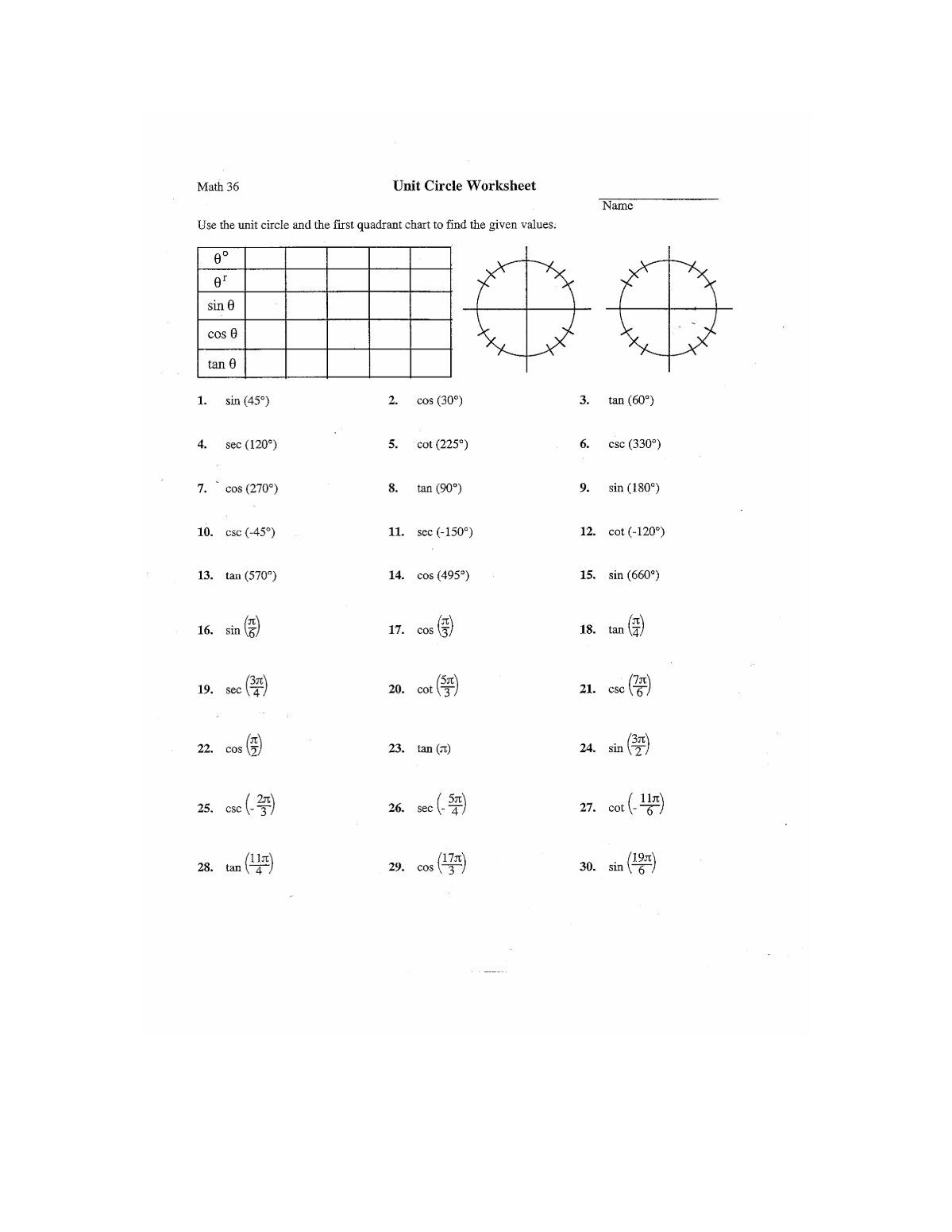 Math 36 Unit Circle Worksheet Worksheets Library
