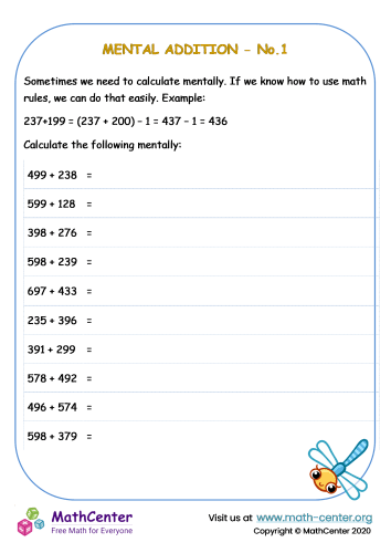 Mental 3 Digit Addition No 1 Worksheets Math Center