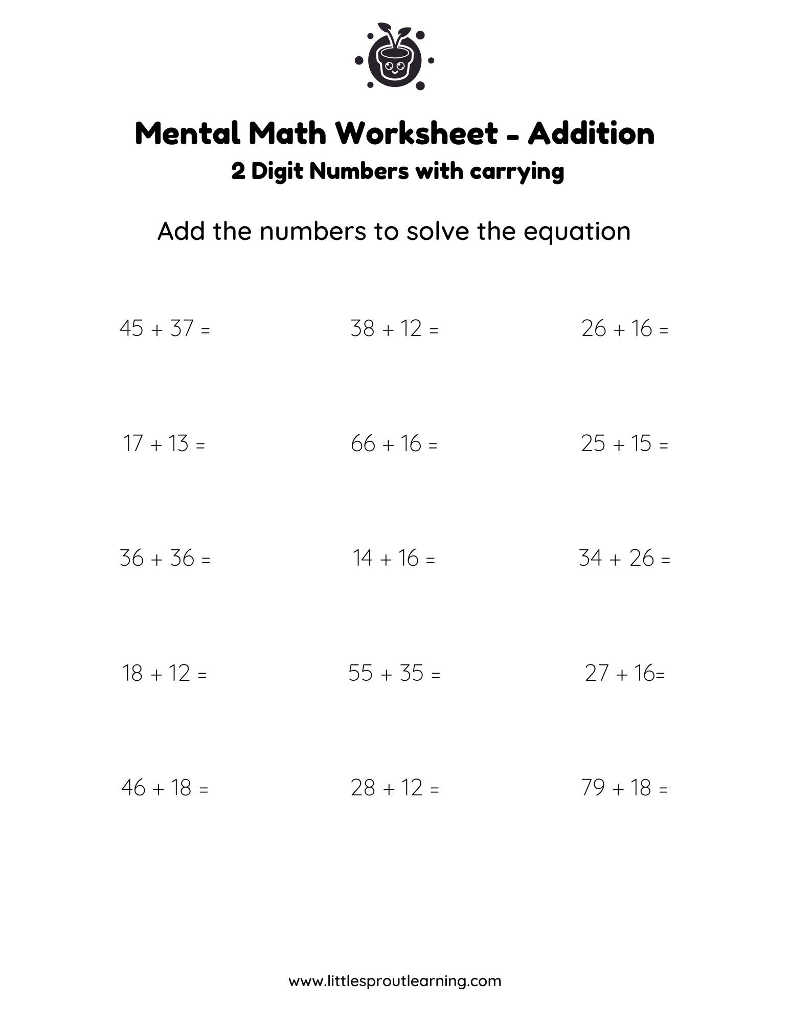 Mental Math Worksheet 2 Digit With Carrying