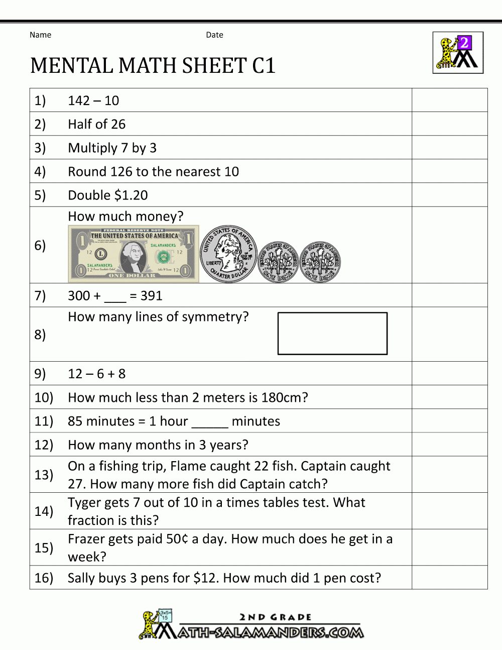 Mental Math Worksheet 2nd Grade