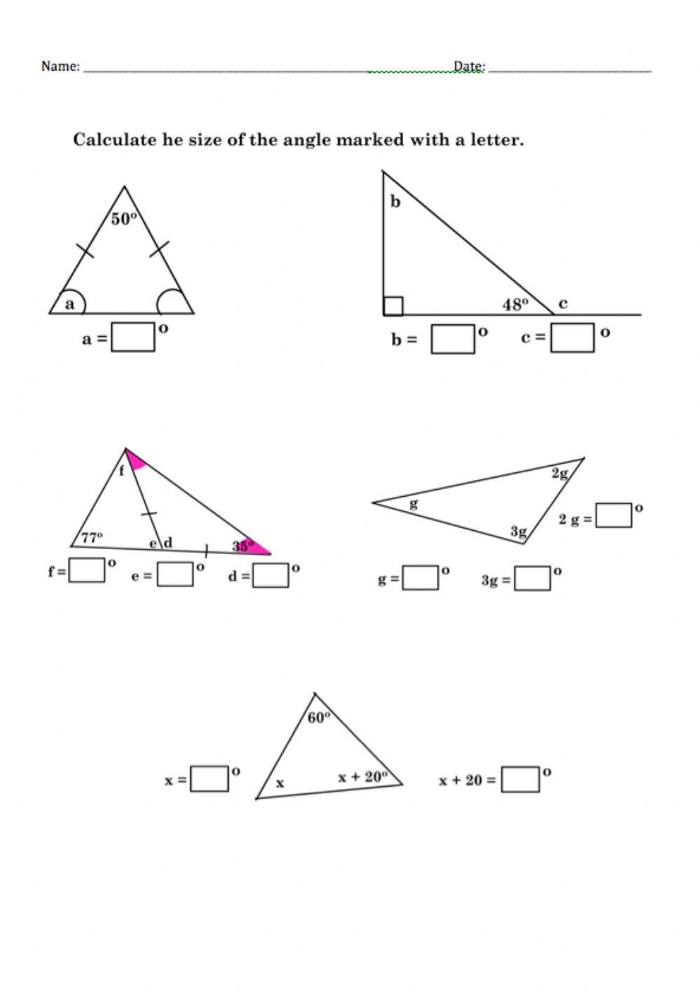 angles in a triangle worksheet