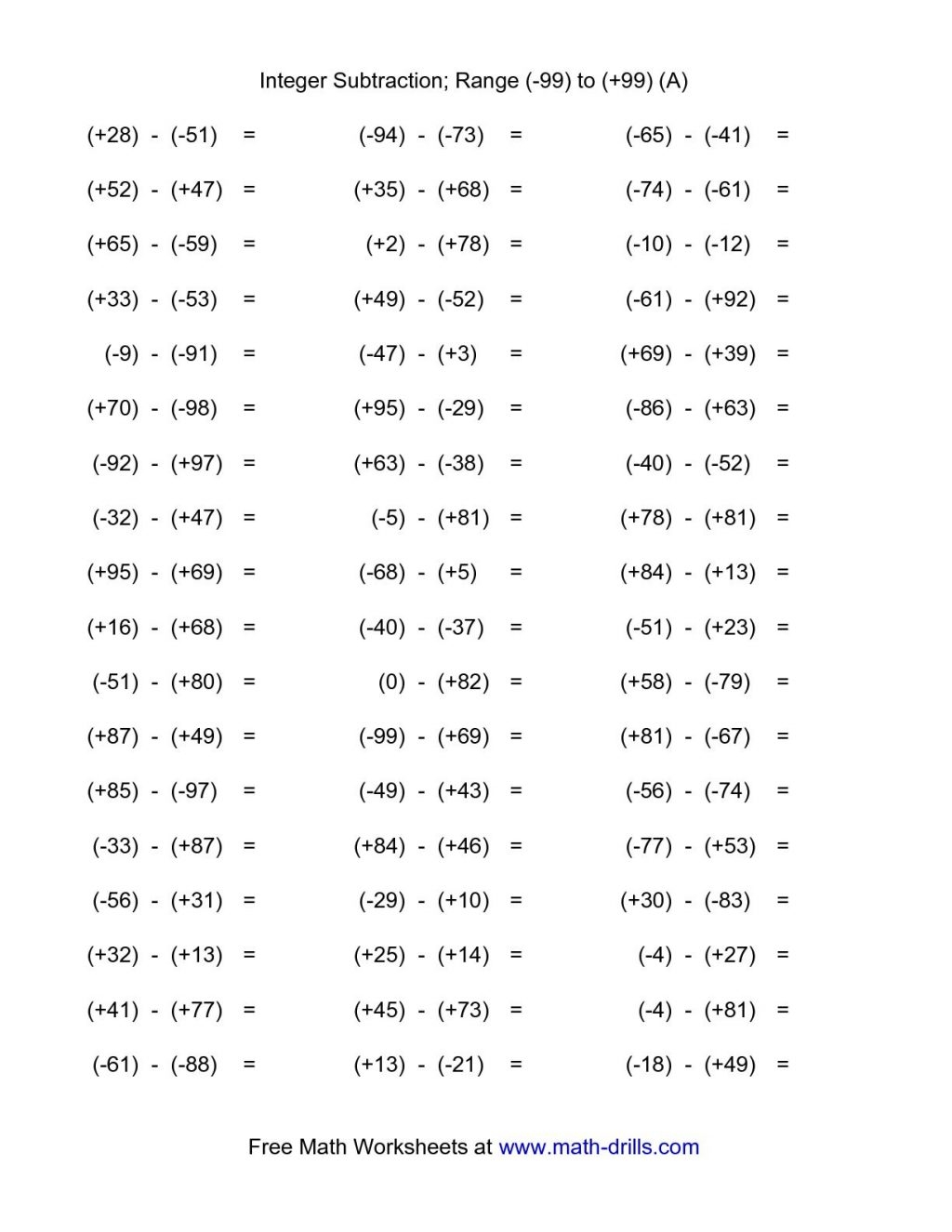 Mixed Integers Worksheets