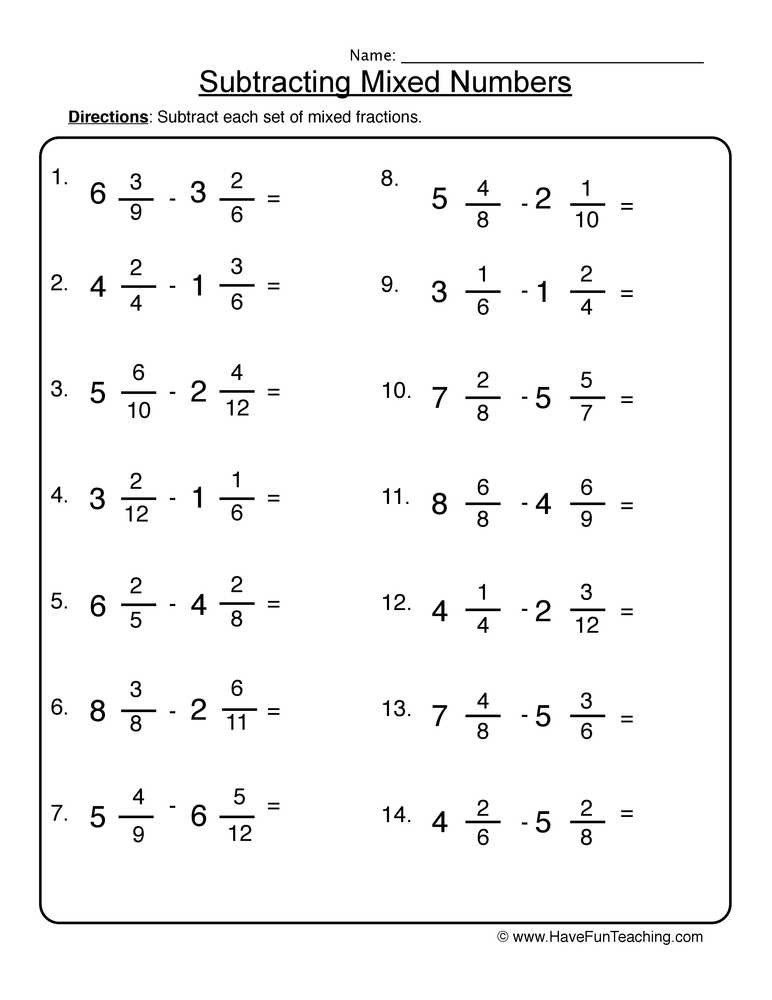 subtracting mixed numbers worksheet