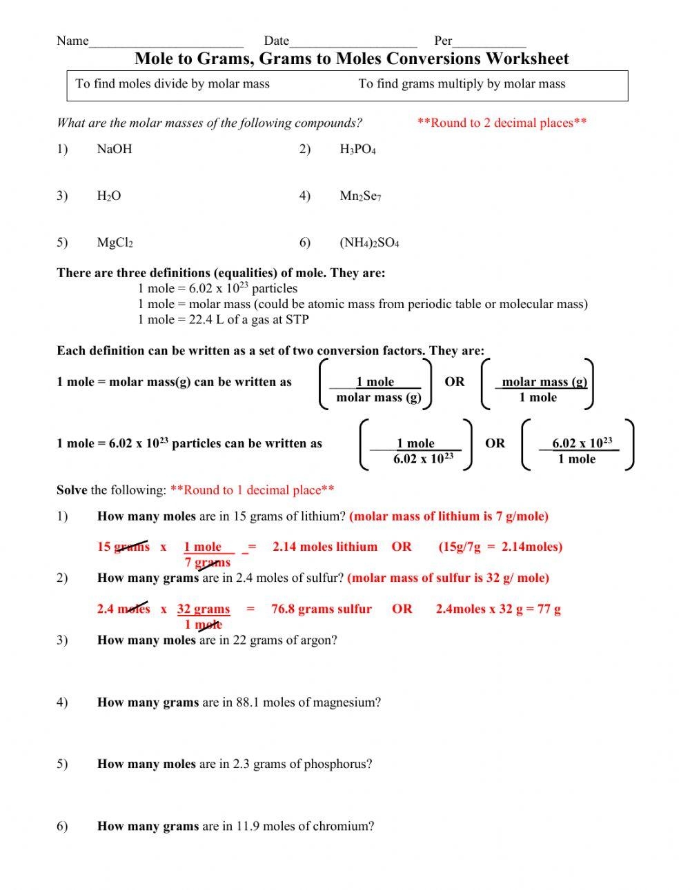 Moles And Grams Stoichiometry Worksheet Live Worksheets 