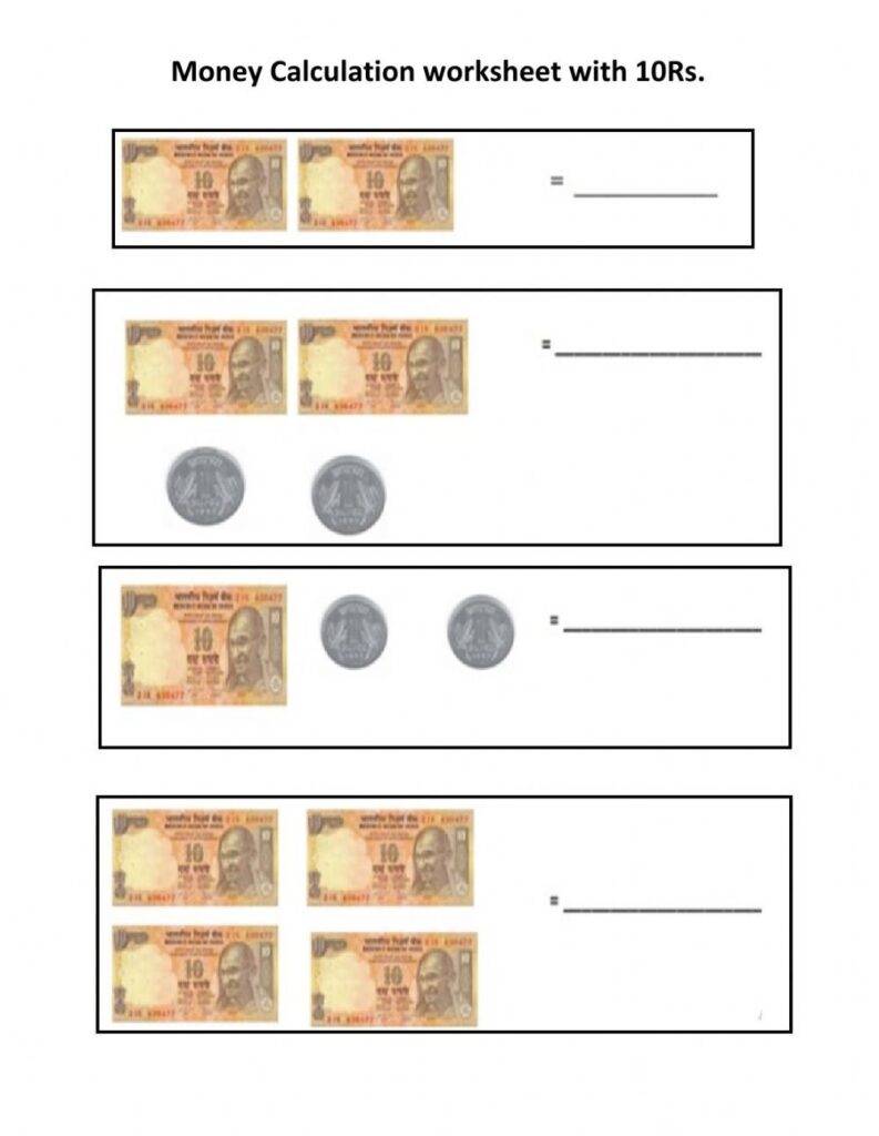 Money Calculating Worksheet With 10 Rs Notes And 1 Re Coins