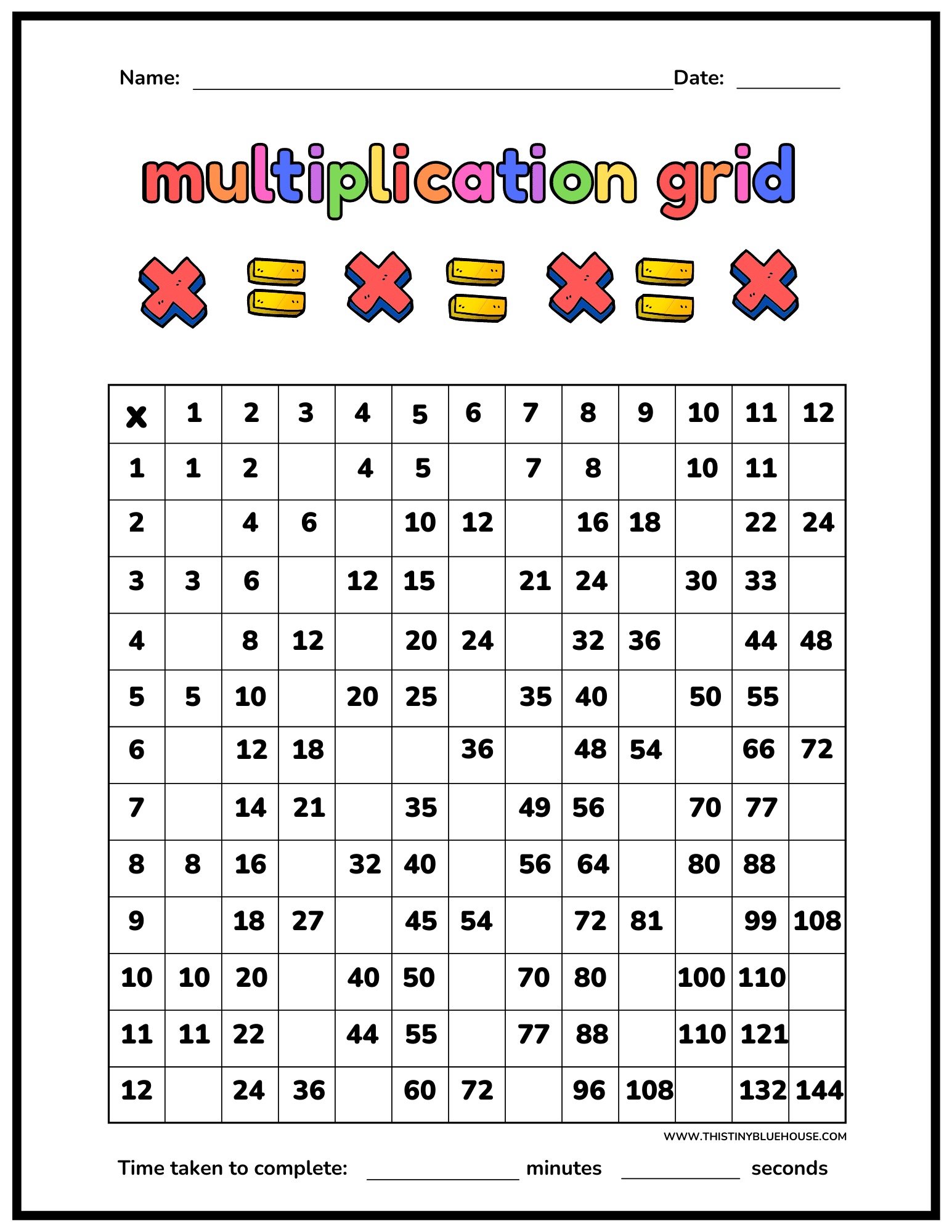 multiplication chart printable worksheet pdf