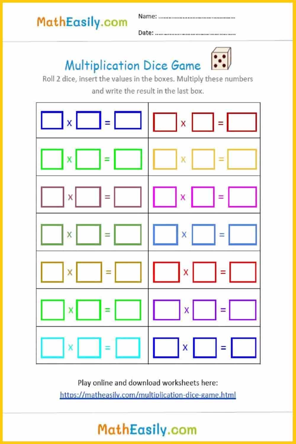 Multiplication Dice Game Printable