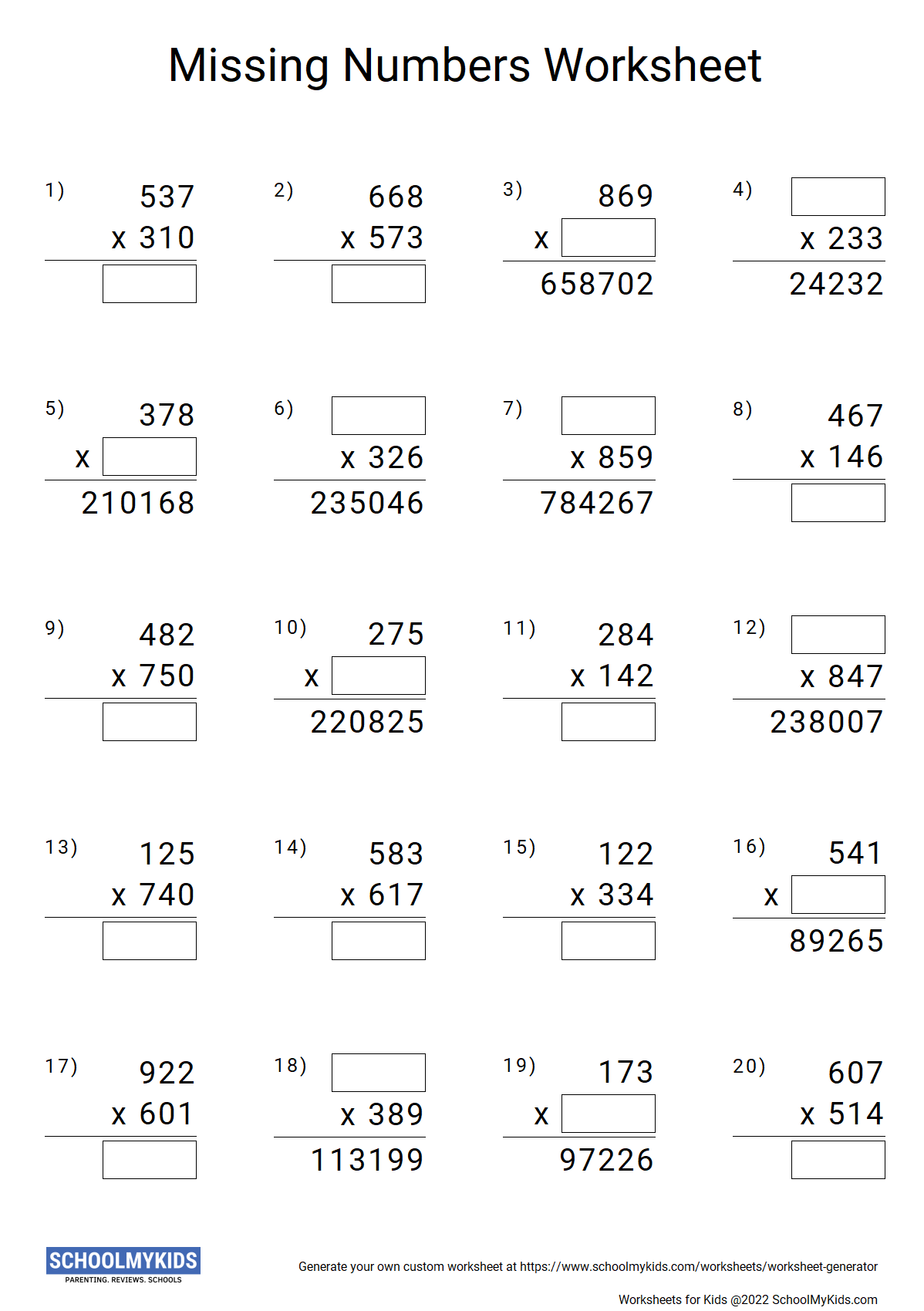 Multiplication Missing Numbers Worksheet Generator Math Worksheet 